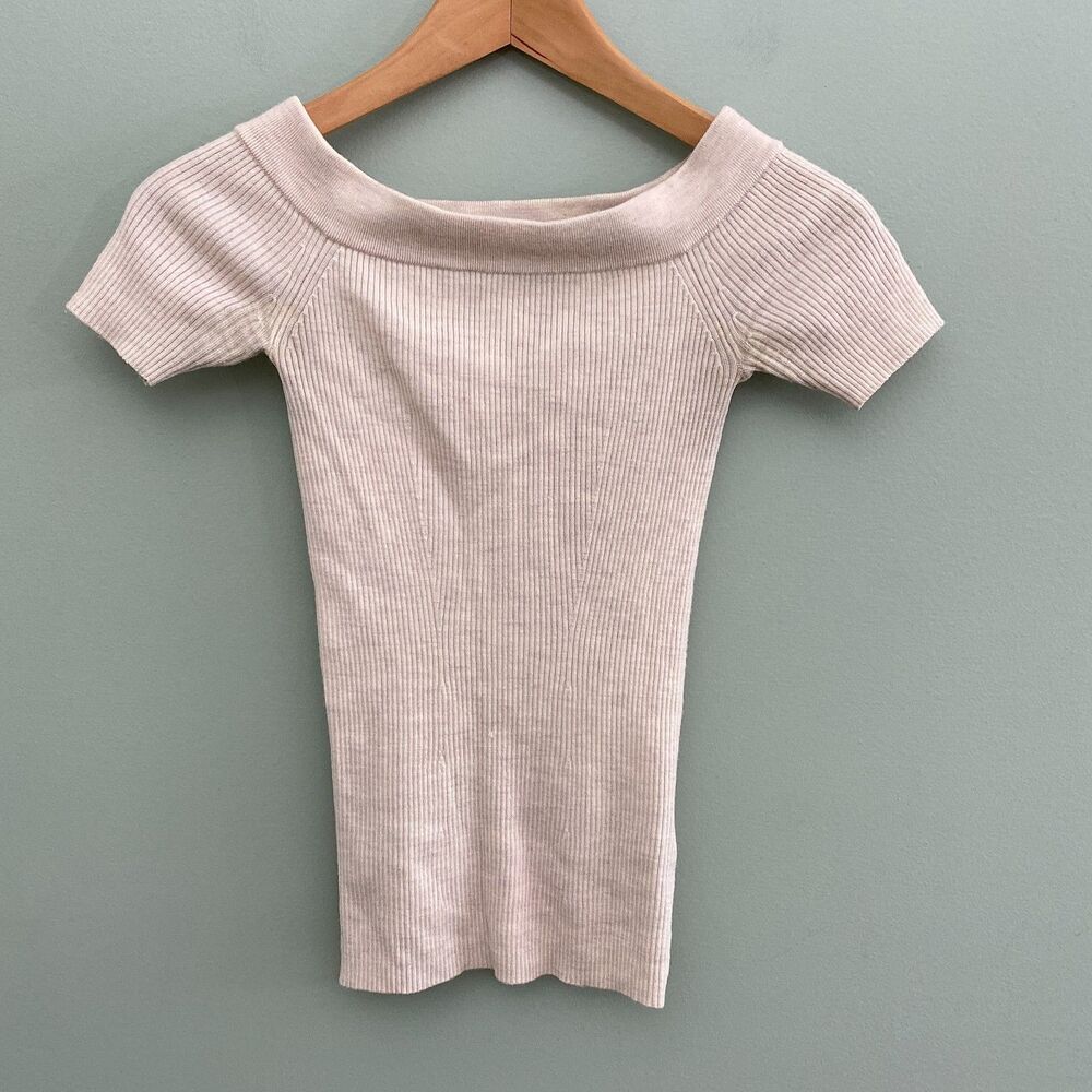 All Saints Lavine Ribbed Top Womens XS Cream Wool Blend Stretch Off the Shoulder